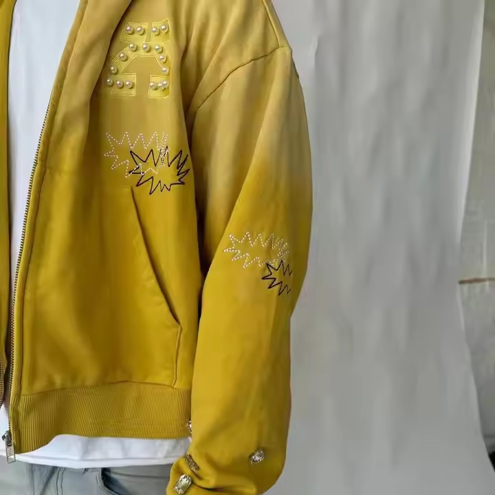 Custom Heavyweight 100% Cotton Pearl on Zipper Hoodie Sun Faded Distressed Embroidery Rhinestone Acid Wash Hoodie for Men
