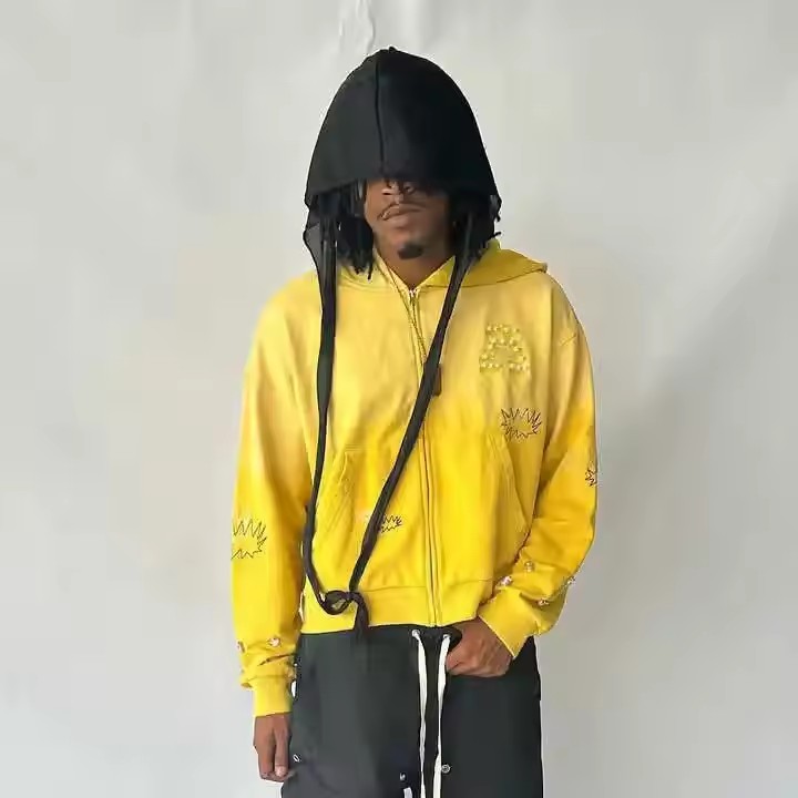 Custom Heavyweight 100% Cotton Pearl on Zipper Hoodie Sun Faded Distressed Embroidery Rhinestone Acid Wash Hoodie for Men