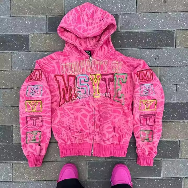 Custom Logo Heavyweight 100% Cotton All Over Print Zipper Hoodies Acid Washed Vintage Distressed Boxy Zip up Hoodies for Men
