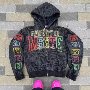 Custom Logo Heavyweight 100% Cotton All Over Print Zipper Hoodies Acid Washed Vintage Distressed Boxy Zip up Hoodies for Men