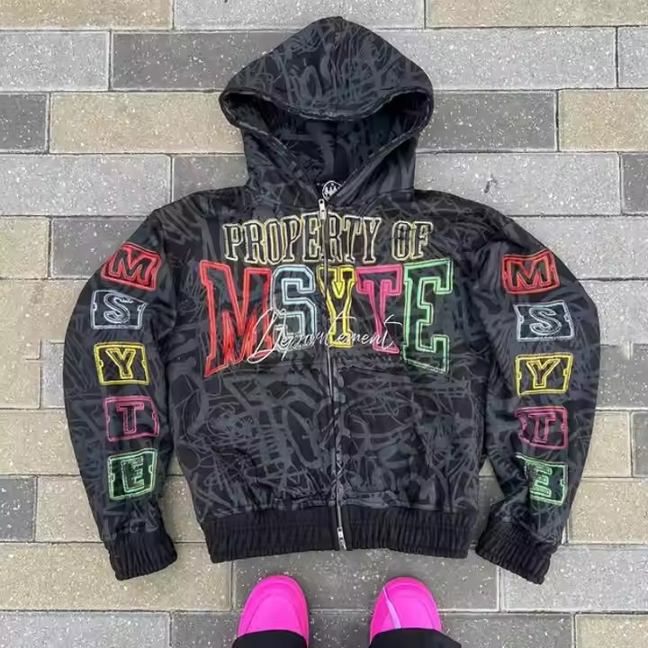 Custom Logo Heavyweight 100% Cotton All Over Print Zipper Hoodies Acid Washed Vintage Distressed Boxy Zip up Hoodies for Men