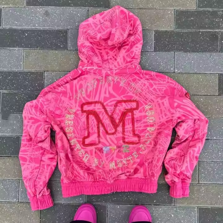 Custom Logo Heavyweight 100% Cotton All Over Print Zipper Hoodies Acid Washed Vintage Distressed Boxy Zip up Hoodies for Men