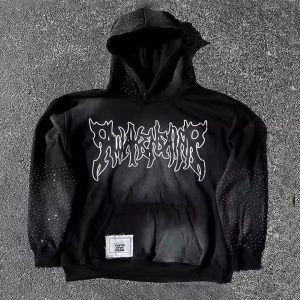 Custom Rhinestone Hoodie Acid Wash Distressed Embroidery Streetwear Boxy Pullover Zipper Sweatshirt Hoodie for Men