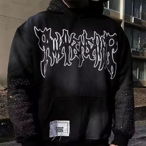 Custom Rhinestone Hoodie Acid Wash Distressed Embroidery Streetwear Boxy Pullover Zipper Sweatshirt Hoodie for Men