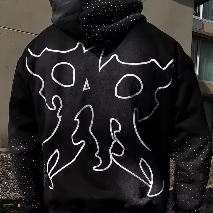 Custom Rhinestone Hoodie Acid Wash Distressed Embroidery Streetwear Boxy Pullover Zipper Sweatshirt Hoodie for Men