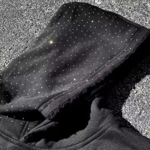 Custom Rhinestone Hoodie Acid Wash Distressed Embroidery Streetwear Boxy Pullover Zipper Sweatshirt Hoodie for Men