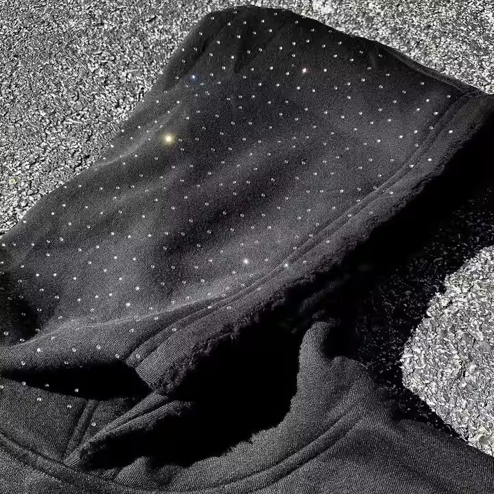 Custom Rhinestone Hoodie Acid Wash Distressed Embroidery Streetwear Boxy Pullover Zipper Sweatshirt Hoodie for Men