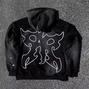 Custom Rhinestone Hoodie Acid Wash Distressed Embroidery Streetwear Boxy Pullover Zipper Sweatshirt Hoodie for Men