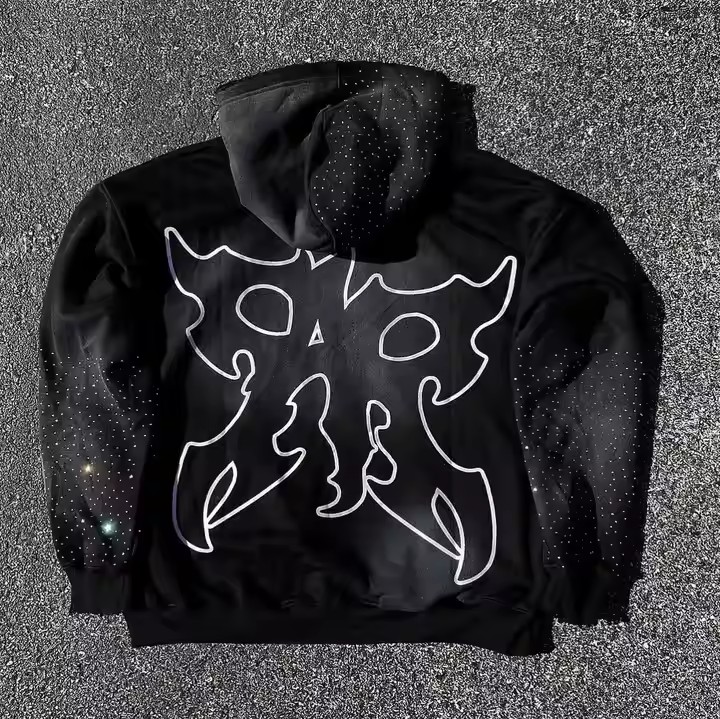 Custom Rhinestone Hoodie Acid Wash Distressed Embroidery Streetwear Boxy Pullover Zipper Sweatshirt Hoodie for Men