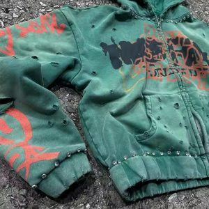 Custom 500gsm Heavyweight Cotton Oversized Streetwear Boxy Cropped Hoodies Acid Wash Printed Rhinestone Zipper Hoodie for Men