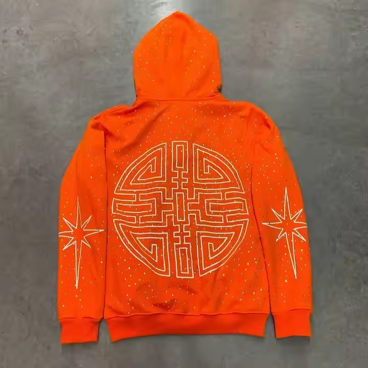 High Quality Embroidery Zip Hoodie Heavyweight Cotton French Terry Oversized Hoodies Custom Zipper Rhinestone Zip up Hoodie