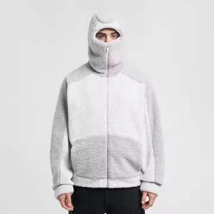 Custom Winter Warm Thick Fleece Fluffy Color Blocked Embroidery Heavyweight Half Face Zip up Masked Sherpa Ninja Hoodie