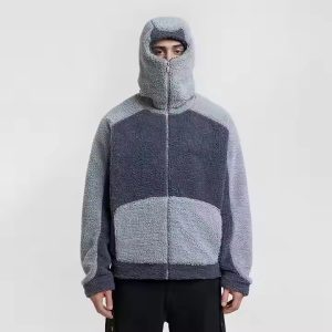 Custom Winter Warm Thick Fleece Fluffy Color Blocked Embroidery Heavyweight Half Face Zip up Masked Sherpa Ninja Hoodie