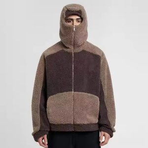 Custom Winter Warm Thick Fleece Fluffy Color Blocked Embroidery Heavyweight Half Face Zip up Masked Sherpa Ninja Hoodie