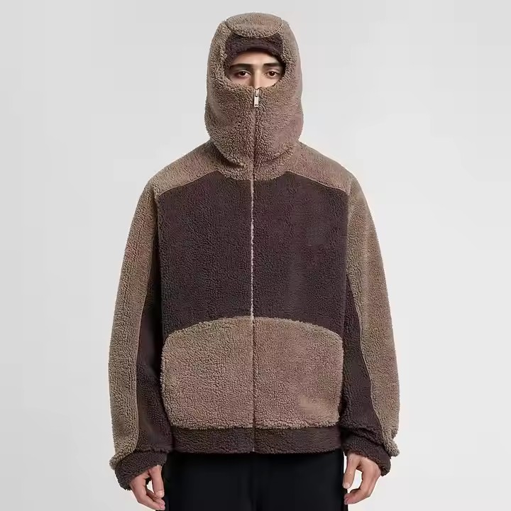 Custom Winter Warm Thick Fleece Fluffy Color Blocked Embroidery Heavyweight Half Face Zip up Masked Sherpa Ninja Hoodie