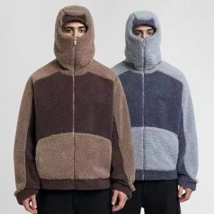 Custom Winter Warm Thick Fleece Fluffy Color Blocked Embroidery Heavyweight Half Face Zip up Masked Sherpa Ninja Hoodie