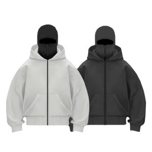 Custom Embroidery Printing Logo Heavyweight Double Layer Ninja Masked French Terry Acid Wash Full Zip up Balaclava Hoodie