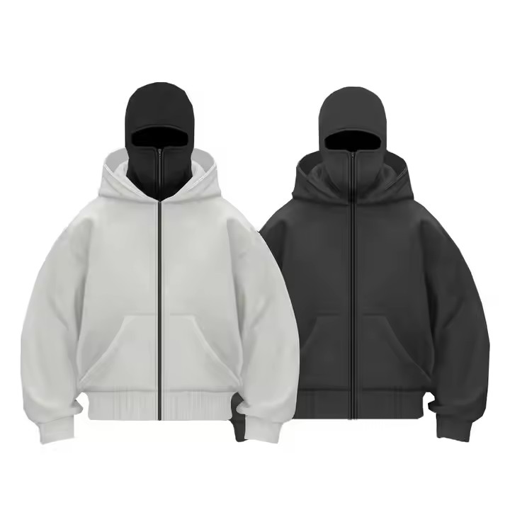 Custom Embroidery Printing Logo Heavyweight Double Layer Ninja Masked French Terry Acid Wash Full Zip up Balaclava Hoodie