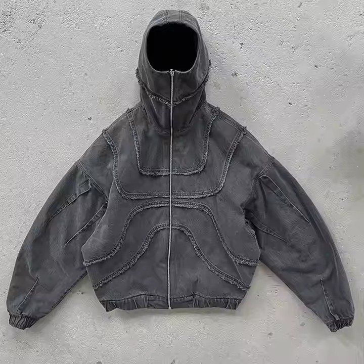 Custom Winter Denim Reverse Stitch Jacket Hoodie With Face Masked Ninja Zip up Balaclava Hoodie