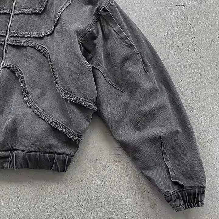 Custom Winter Denim Reverse Stitch Jacket Hoodie With Face Masked Ninja Zip up Balaclava Hoodie