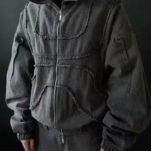 Custom Winter Denim Reverse Stitch Jacket Hoodie With Face Masked Ninja Zip up Balaclava Hoodie