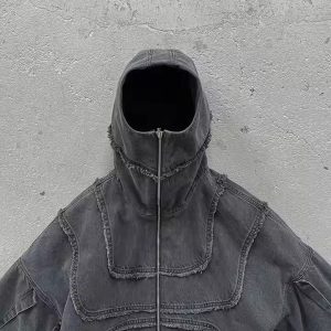 Custom Winter Denim Reverse Stitch Jacket Hoodie With Face Masked Ninja Zip up Balaclava Hoodie