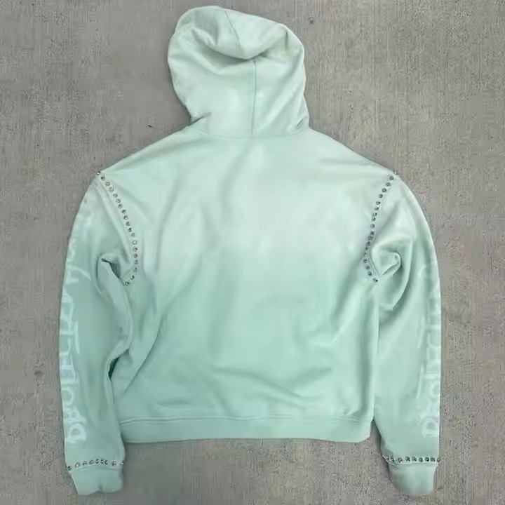 Custom Dtg Printed Gemstone Zip up Heavy Weight Hoodie Vintage Acid Washed Baggy Boxy Fit Cropped Rhinestone Hoodie