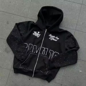 Custom Rhinestone Zip up Hoodie 450 Gsm Thick Heavy Weight Screen Printing Logo Streetwear Zipper Hoodies Men