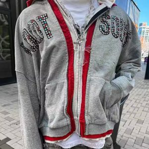 Custom Streetwear Double 3 Zipper Acid Wash Vintage Baggy Boxy Fit Distressed Rhinestone Triple Layer Zip up Hoodie