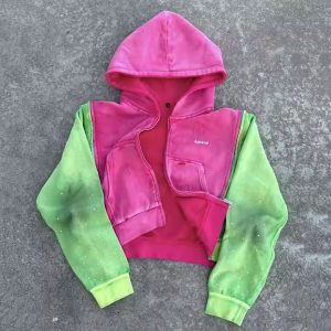 Custom Streetwear Vintage Acid Wash Faded Distressed Rhinestone Boxy Fit Triple Zipper Cropped Hoodie for Men