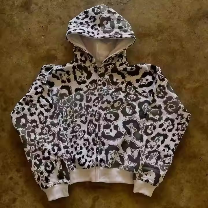 Custom French Terry Tracksuits Leopard Print Zipper Sweatpants and Hoodie Set Baggy Jogger Set Streetwear Men 2 Piece Sets