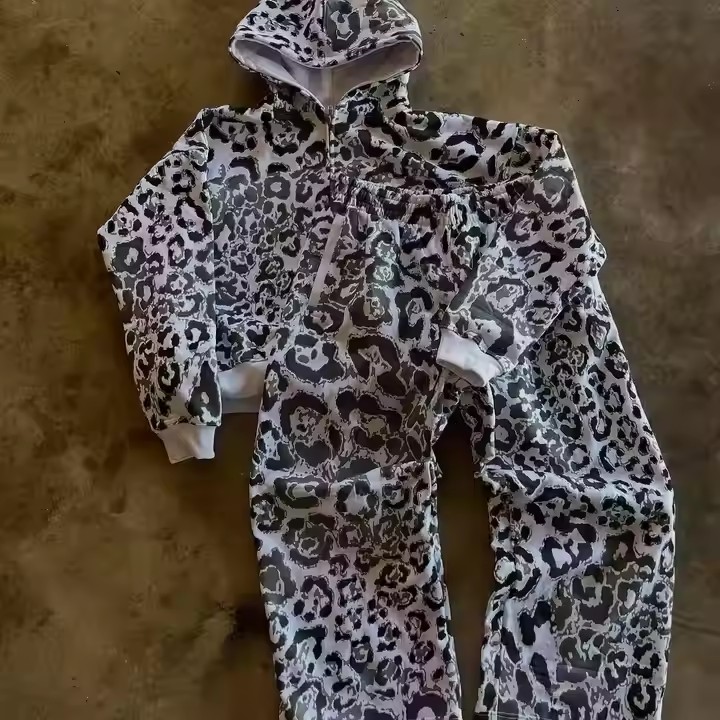 Custom French Terry Tracksuits Leopard Print Zipper Sweatpants and Hoodie Set Baggy Jogger Set Streetwear Men 2 Piece Sets