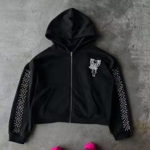 Custom 500 Gsm Zip up Oversized Baggy Rhinestone Jogger Sweatpants Sweatsuits Hoodie and Sweat Pants Flared Tracksuits Men