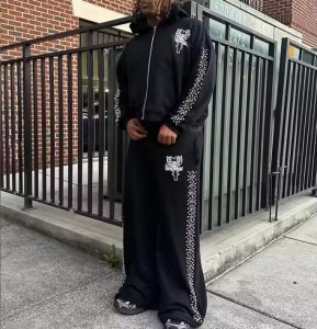 Custom 500 Gsm Zip up Oversized Baggy Rhinestone Jogger Sweatpants Sweatsuits Hoodie and Sweat Pants Flared Tracksuits Men