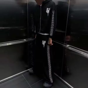 Custom 500 Gsm Zip up Oversized Baggy Rhinestone Jogger Sweatpants Sweatsuits Hoodie and Sweat Pants Flared Tracksuits Men