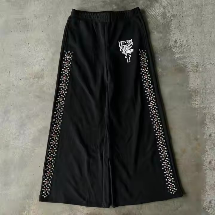 Custom 500 Gsm Zip up Oversized Baggy Rhinestone Jogger Sweatpants Sweatsuits Hoodie and Sweat Pants Flared Tracksuits Men