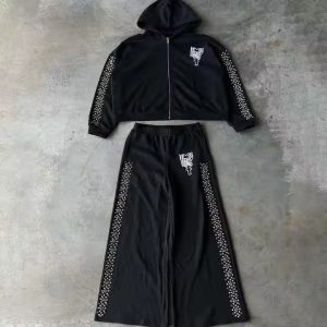 Custom 500 Gsm Zip up Oversized Baggy Rhinestone Jogger Sweatpants Sweatsuits Hoodie and Sweat Pants Flared Tracksuits Men