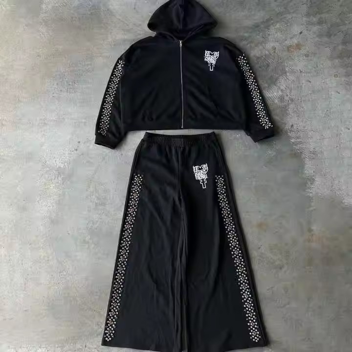 Custom 500 Gsm Zip up Oversized Baggy Rhinestone Jogger Sweatpants Sweatsuits Hoodie and Sweat Pants Flared Tracksuits Men