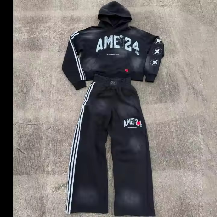 Custom Hoodie and Jogger Set Streetwear Vintage Sweatsuit French Terry Mens Tracksuit Acid Wash Hoodie and Sweatpants Set