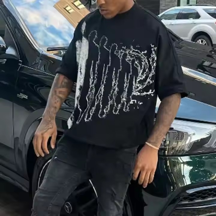 2025 Custom Graphic Crew Neck Drop Shoulder Heavyweight T-Shirts Oversized Cropped Boxy Fit T Shirt for Men