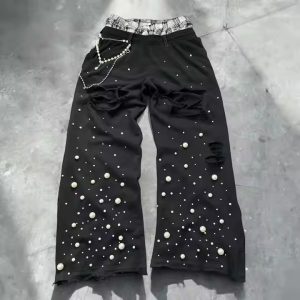 Custom High Quality Double Waistband Pearls Rhinestones Sweats 100% Cotton Terry Distress Pearls Baggy Sweatpants