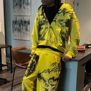 Custom Men Sweatsuit Tracksuits All Over Graffiti Print Vintage Acid Wash Zip up Hoodies and Sweat Pants Set