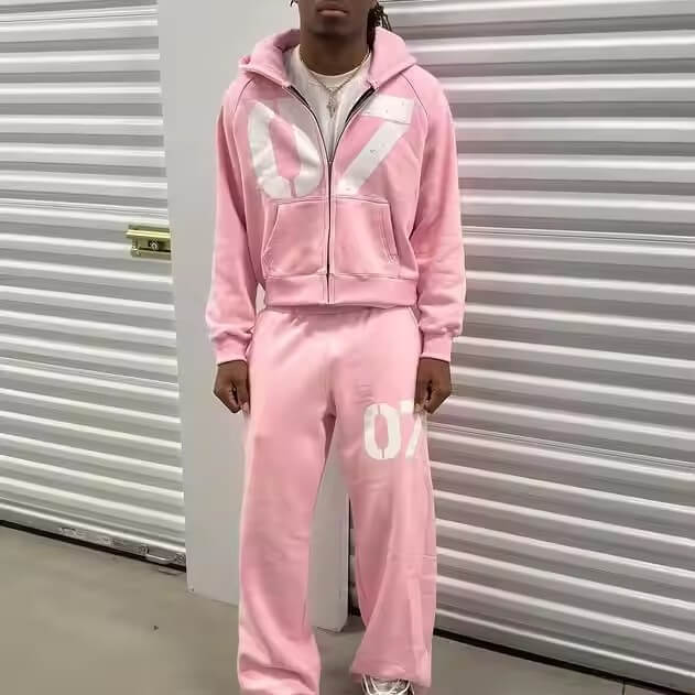 Customized Cotton Two Piece Tracksuit Pink Screen Print Joggers Flared Sweatpants and Hoodie Set for Men Streetwear Sweatsuit
