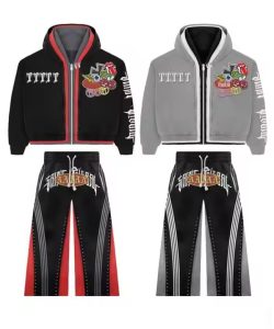 Custom Heavyweight Acid Wash Flared Sweatpants and Hoodie Sets Unisex Wholesale Triple Layer Distressed Zip up Men Sweatsuit