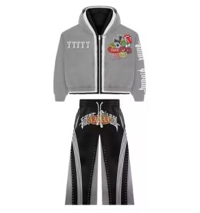 Custom Heavyweight Acid Wash Flared Sweatpants and Hoodie Sets Unisex Wholesale Triple Layer Distressed Zip up Men Sweatsuit