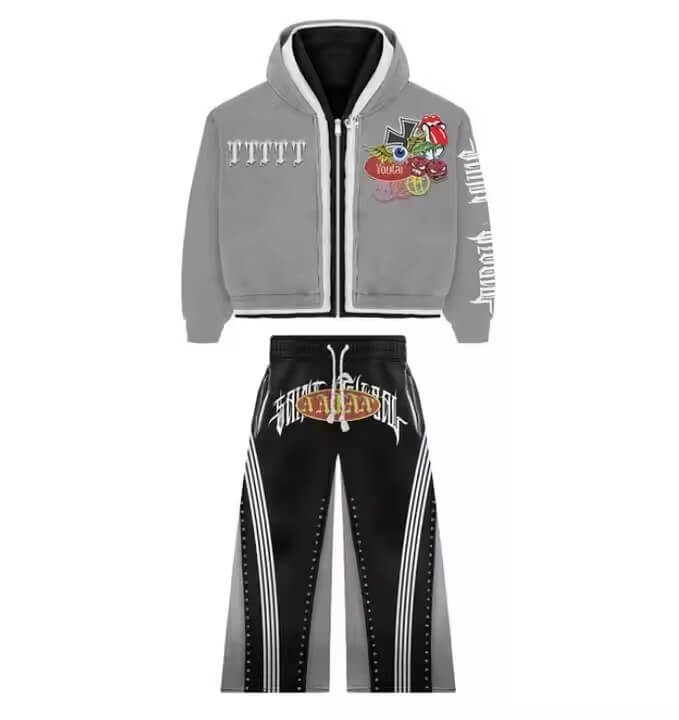 Custom Heavyweight Acid Wash Flared Sweatpants and Hoodie Sets Unisex Wholesale Triple Layer Distressed Zip up Men Sweatsuit