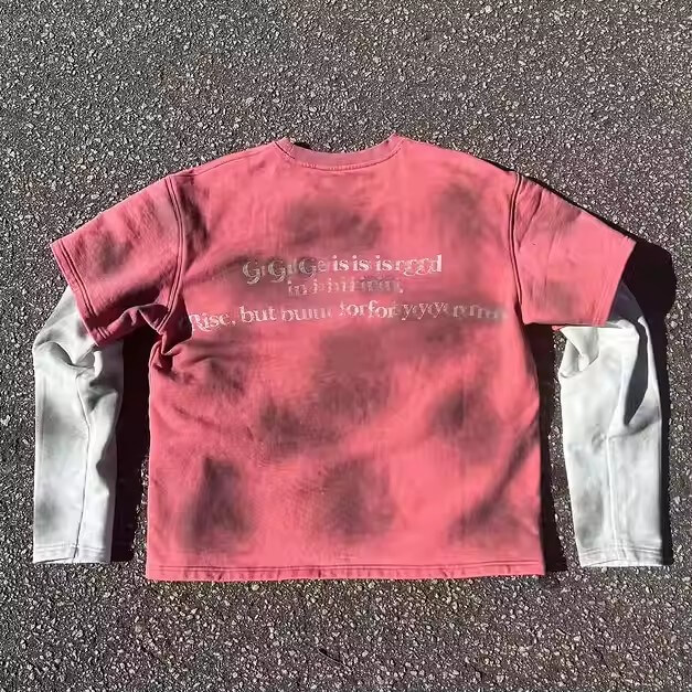 Custom Printed Acid Wash Vintage Rhinestone Cotton Men'S T-Shirt Heavyweight Distressed Long Sleeve Double Layer Tshirt