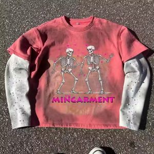 Custom Printed Acid Wash Vintage Rhinestone Cotton Men'S T-Shirt Heavyweight Distressed Long Sleeve Double Layer Tshirt