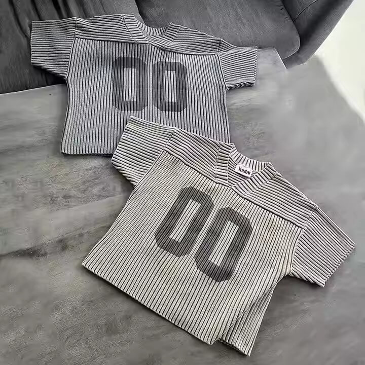 Custom Logo Men's Print Pattern Short Sleeve Sweater T Shirt Boxy Streetwear Knitted Jersey Knit Top T-Shirt for Men