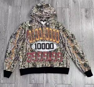 Wholesale Custom Print Camouflage Flared Sweatpants and Hoodie Sets Distressed Zip up Heavyweight Streetwear Camo Sweatsuit Men